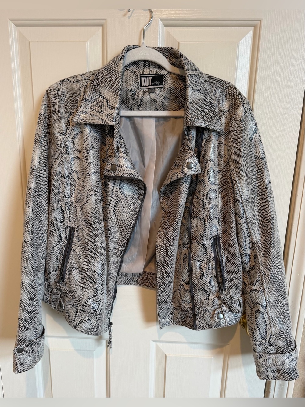 EUC KUT from the Kloth Women's Faux Snakeskin Print Moto Jacket in Grey Size L
